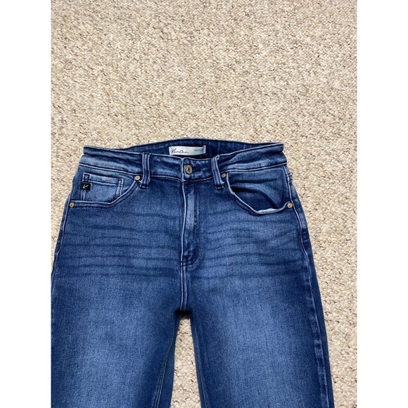 28 Kancan High Rise Distressed Flare Raw Fray Hem Dark Wash Blue - Picture 2 of 7